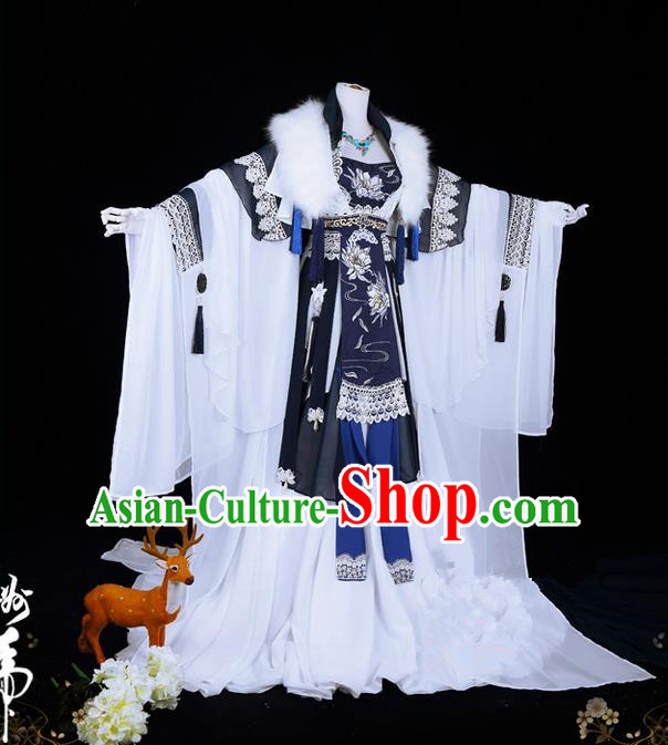 Traditional Ancient Chinese Palace Queen Costume, Elegant Hanfu Cosplay Fairy Wide Sleeve Dress Chinese Tang Dynasty Imperial Empress Embroidery Epiphyllum Cloud Tailing Clothing for Women