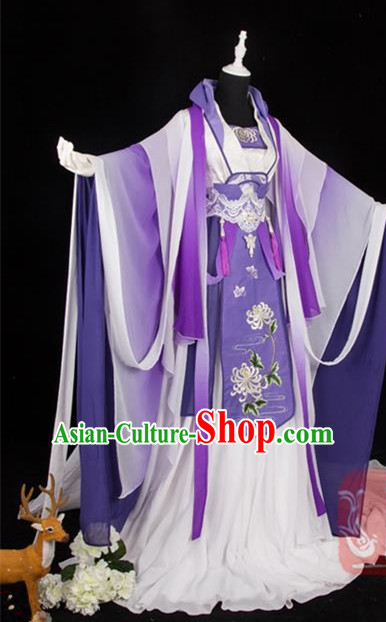 Traditional Ancient Chinese Palace Queen Costume, Elegant Hanfu Cosplay Fairy Wide Sleeve Violet Dress Chinese Tang Dynasty Imperial Empress Embroidery Cloud Tailing Clothing for Women