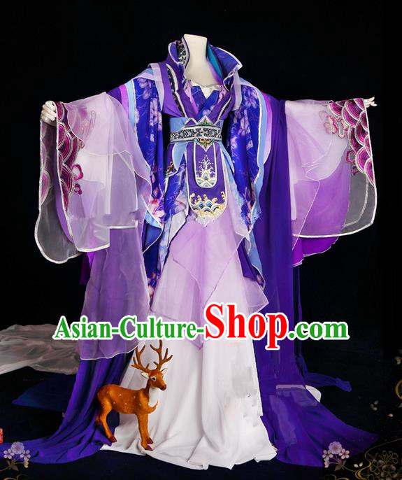 Traditional Ancient Chinese Palace Queen Costume, Elegant Hanfu Cosplay Fairy Purple Wide Sleeve Dress Chinese Tang Dynasty Imperial Empress Embroidery Flowers Tailing Clothing for Women