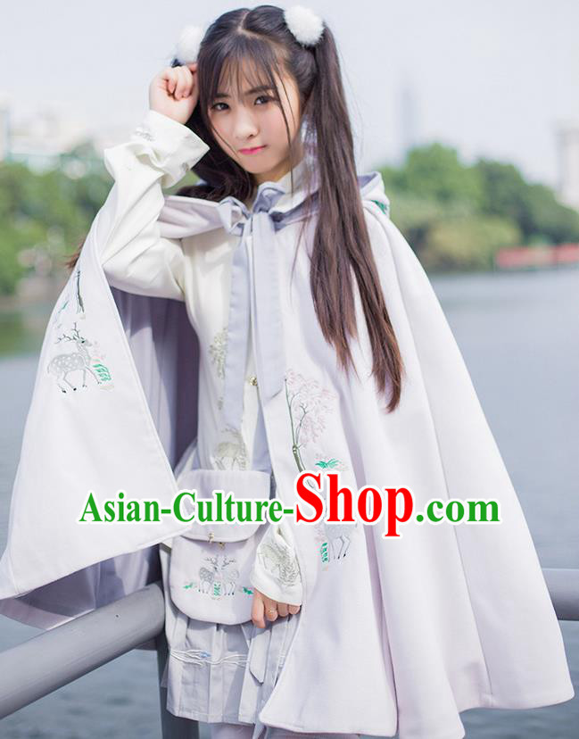 Traditional Asian Chinese Ancient Princess Woolen Pink Cloak Costume, Elegant Hanfu Mantle Clothing, Chinese Imperial Princess Embroidered Deer Hooded Cape Costumes for Women