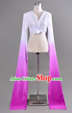 Traditional Chinese Long Sleeve Water Sleeve Dance Suit China Folk Dance Koshibo Long White and Purple Gradient Ribbon for Women