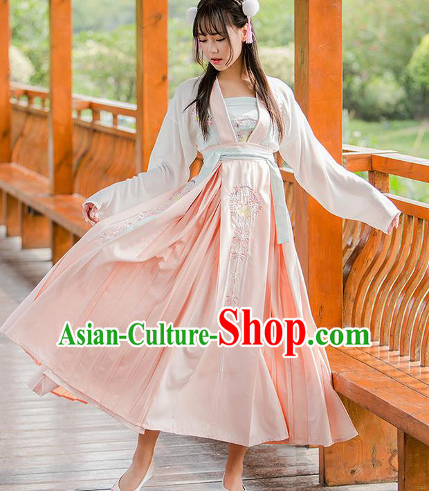 Traditional Ancient Chinese Female Costume Blouse and Dress Complete Set, Elegant Hanfu Clothing Chinese Song Dynasty Palace Princess Embroidered Flowers Clothing for Women