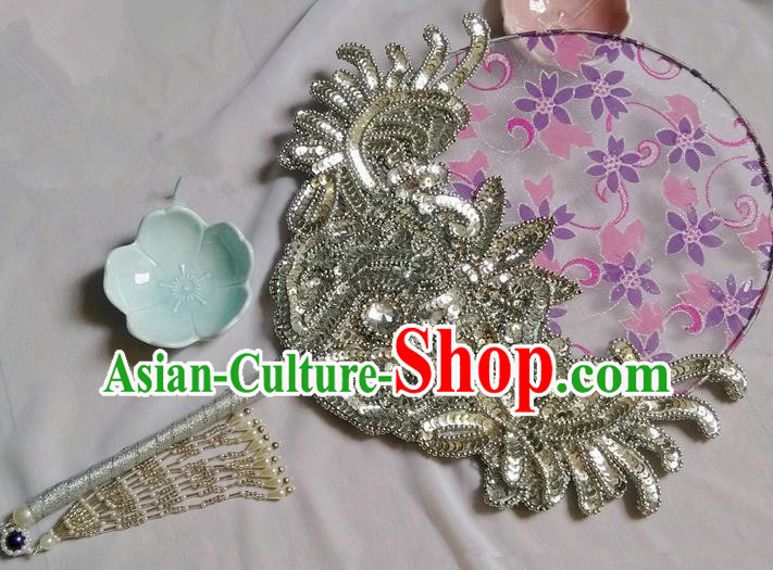 Traditional Chinese Handmade Ancient Hanfu Cosplay Crystal Round Fan Props for Women