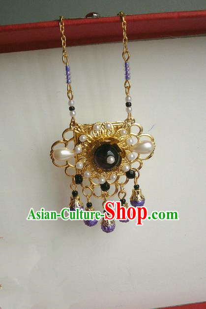 Traditional Handmade Chinese Ancient Classical Accessories Necklace Purple Pearl Longevity Lock for Women