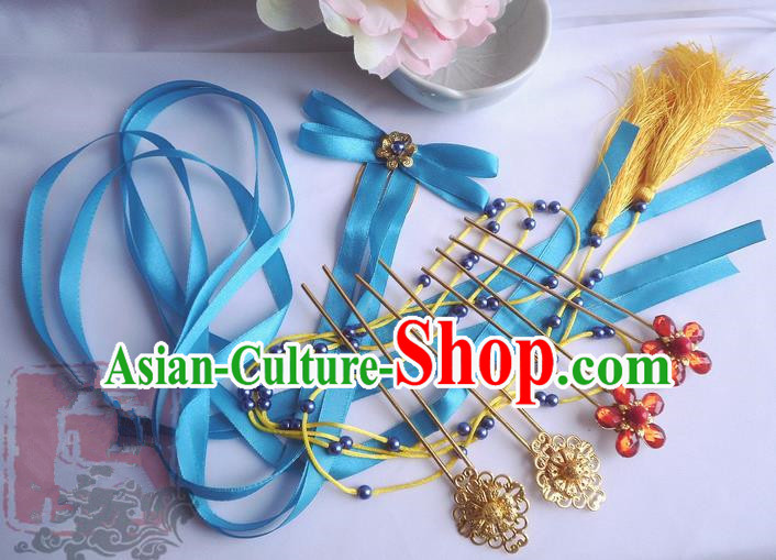 Traditional Handmade Chinese Ancient Classical Blue Bowknot Hair Accessories Complete Set, Hair Sticks Tassel Hair Jewellery, Hair Fascinators Hairpins for Women