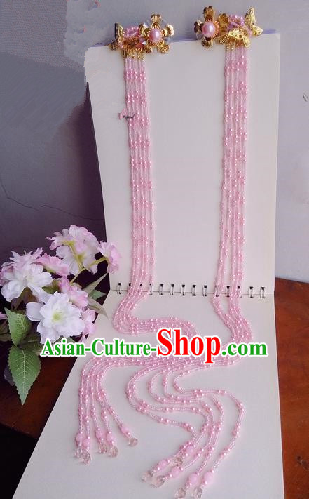 Traditional Handmade Chinese Ancient Classical Pink Hair Accessories, Long Tassels Hair Sticks Tassel Hair Jewellery, Hair Fascinators Hairpins for Women