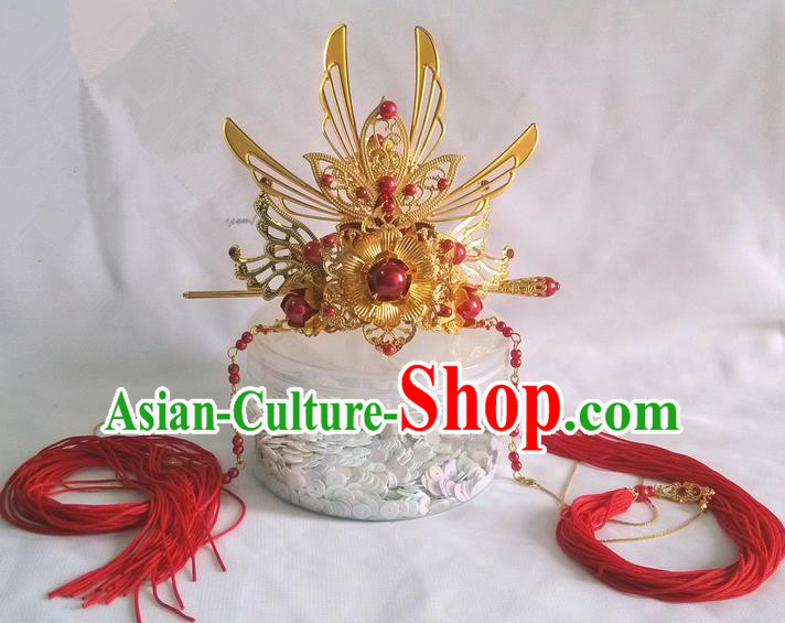 Traditional Handmade Chinese Ancient Classical Hair Accessories Male Wedding Hairdo Crown, Hair Sticks Hair Jewellery, Hair Tassel Hairpins for Men