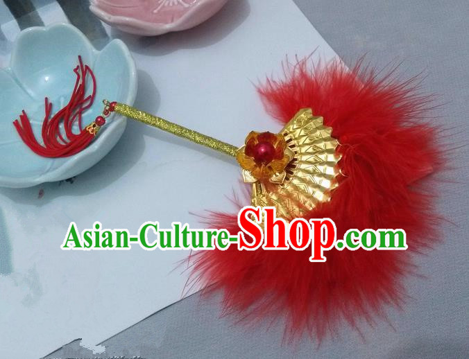 Traditional Chinese Handmade Ancient Hanfu Cosplay Red Feather Little Fan Props