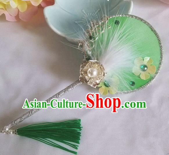 Traditional Chinese Handmade Ancient Hanfu Cosplay Green Feather Little Round Fan Props