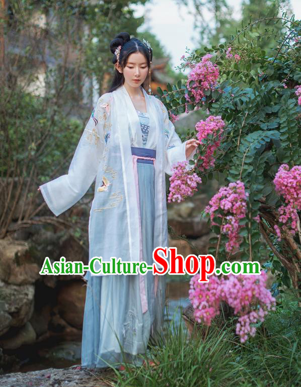 Traditional Ancient Chinese Female Costume Cardigan Blouse and Dress Complete Set, Elegant Hanfu Clothing Chinese Tang Dynasty Embroidered Colorful Butterfly Palace Princess Clothing for Women