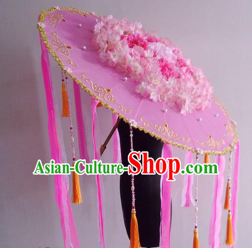 Traditional Chinese Handmade Ancient Hanfu Dance Pink Flowers Umbrella Props for Women