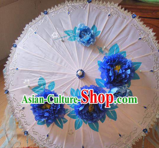 Traditional Chinese Handmade Ancient Hanfu Dance Blue Flowers Umbrella Props for Women