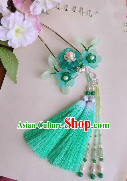 Traditional Handmade Chinese Ancient Princess Classical Accessories Jewellery Copper Pearl Coloured Glaze Hair Sticks Hair Jewellery, Green Tassel Hair Fascinators Hairpins for Women