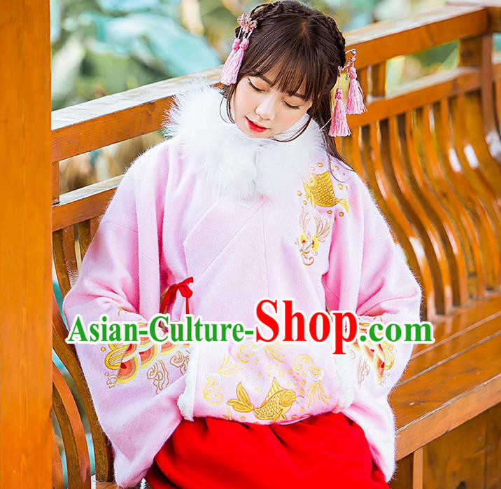 Traditional Ancient Chinese Embroidered Hanfu Muff Embroidered Carp Pink Handwarmers for Women