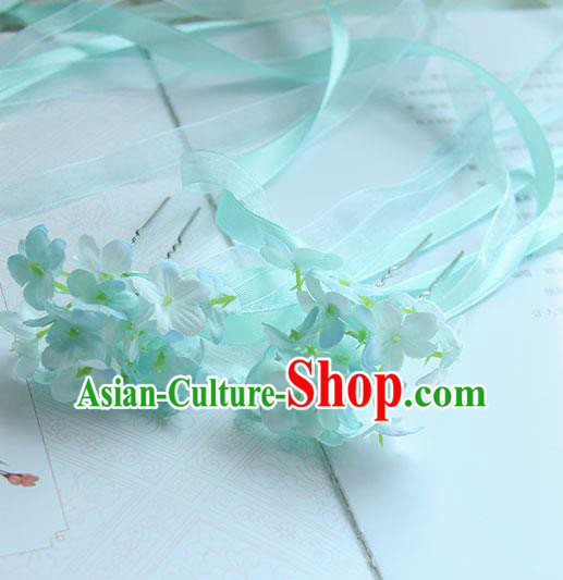 Traditional Handmade Chinese Ancient Princess Classical Accessories Jewellery Hair Sticks Long Ribbon Blue Hair Claws, Hair Fascinators Hairpins for Women