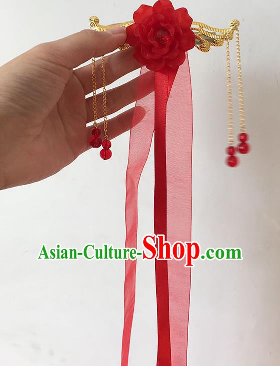 Traditional Handmade Chinese Ancient Princess Classical Accessories Jewellery Hanfu Hair Sticks Long Ribbon Red Hair Claws, Hair Fascinators Hairpins for Women