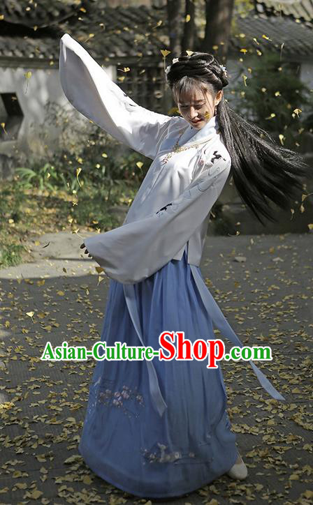 Traditional Ancient Chinese Female Costume Embroidered Crane Blouse and Dress Complete Set, Elegant Hanfu Clothing Chinese Ming Dynasty Embroidered Palace Princess Clothing for Women