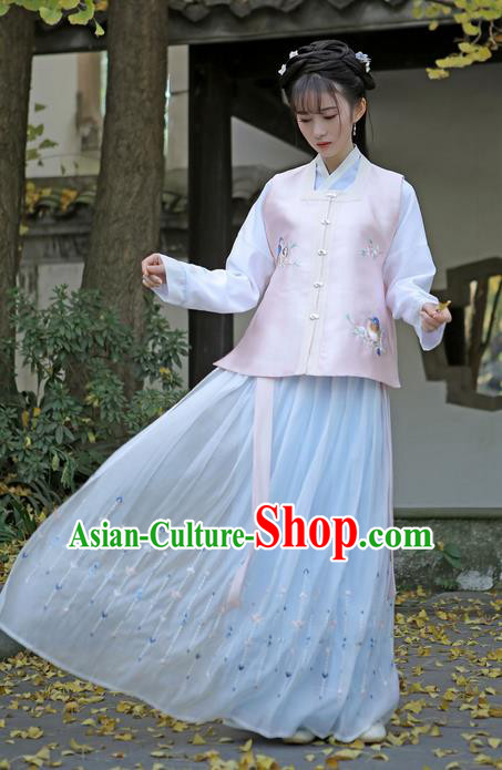 Traditional Ancient Chinese Female Costume Embroidered Flowers Birds Vest Blouse and Dress Complete Set, Elegant Hanfu Clothing Chinese Ming Dynasty Embroidered Palace Princess Clothing for Women