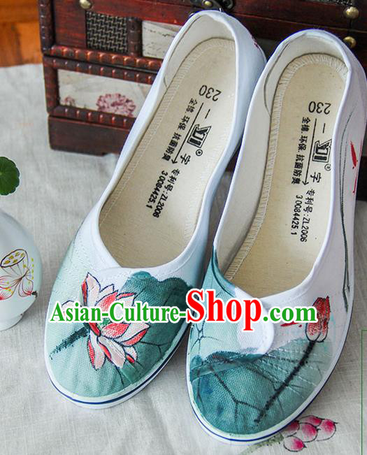 Traditional Handmade Ancient Chinese Han Dynasty Imperial Princess Freehand Sketching Lotus Hanfu Shoes for Women