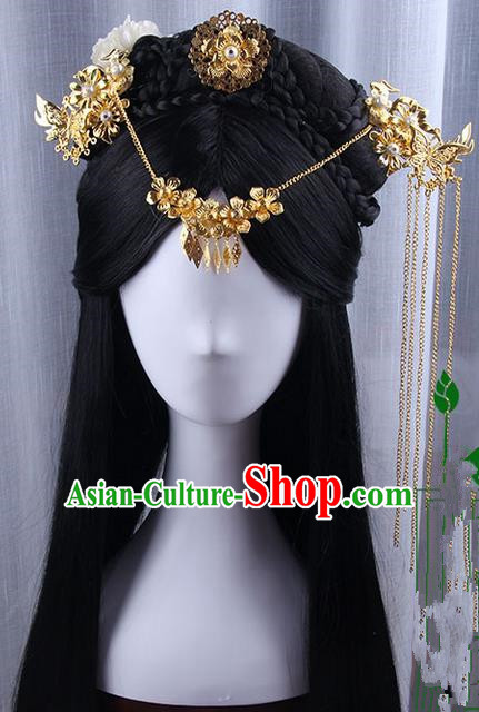 Traditional Handmade Ancient Chinese Tang Dynasty Imperial Empress Wedding Hair Decoration and Wig Complete Set, Ancient Chinese Cosplay Fairy Queen Peony Headwear and Wig for Women
