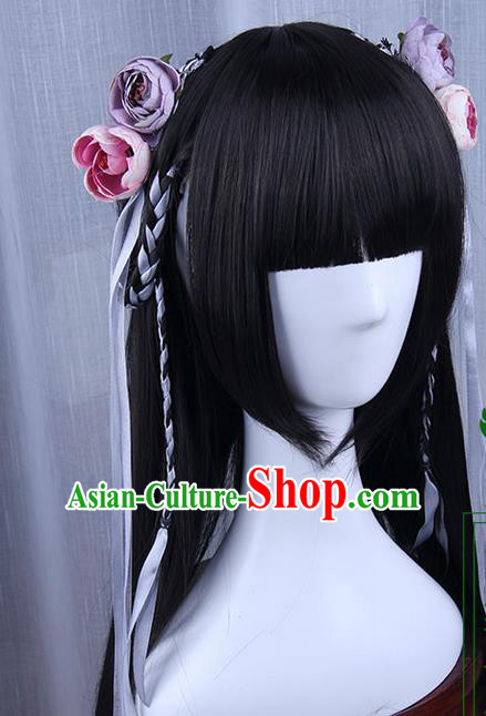 Traditional Handmade Ancient Chinese Han Dynasty Imperial Princess Hair Decoration and Wig Complete Set, Ancient Chinese Hanfu Cosplay Fairy Young Lady Headwear and Wig for Women