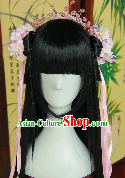 Traditional Handmade Ancient Chinese Tang Dynasty Imperial Empress Hair Decoration and Wig Complete Set, Ancient Chinese Cosplay Fairy Queen Hanfu Headwear and Wig for Women