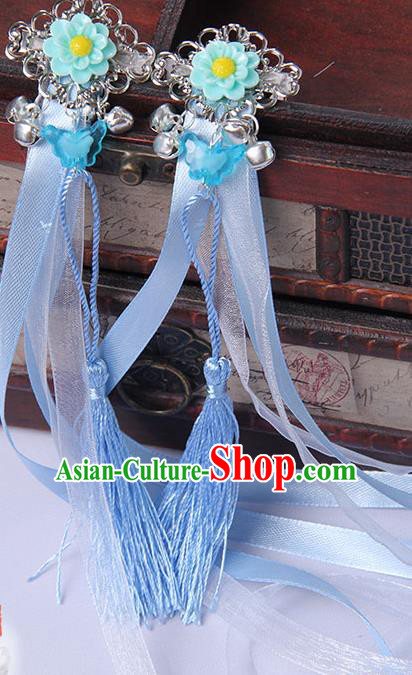 Traditional Handmade Chinese Ancient Princess Classical Hanfu Accessories Jewellery Blue Long Ribbons Bells Hair Sticks Hair Claws, Tassel Hair Fascinators Hairpins for Women