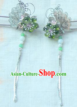 Traditional Handmade Chinese Ancient Princess Classical Hanfu Accessories Jewellery Green Glass Hair Sticks Hair Step Shake, Tassel Hair Fascinators Hairpins for Women