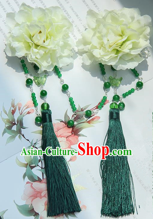 Traditional Handmade Chinese Ancient Princess Classical Hanfu Accessories Jewellery Green Silk Flowers Hair Sticks Hair Claws, Tassel Hair Fascinators Hairpins for Women