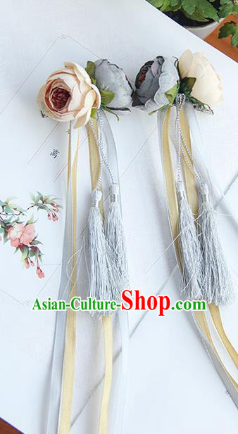 Traditional Handmade Chinese Ancient Princess Classical Hanfu Accessories Jewellery Silk Flowers Long Ribbon Hair Sticks Hair Claws, Tassel Hair Fascinators Hairpins for Women