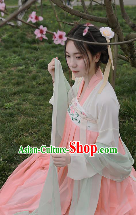 Traditional Ancient Chinese Female Costume Embroidered Two Pieces Blouse and Dress Complete Set, Elegant Hanfu Clothing Chinese Tang Dynasty Embroidered Palace Princess Dress for Women
