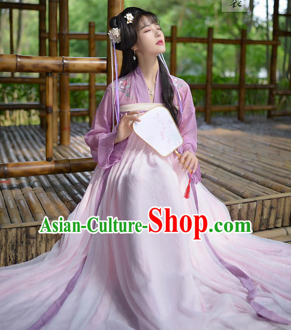 Traditional Ancient Chinese Female Costume Embroidered Flowers Dress Complete Set, Elegant Hanfu Clothing Chinese Tang Dynasty Embroidered Palace Princess Clothing for Women
