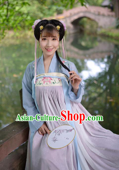 Traditional Ancient Chinese Female Costume Embroidered Flowers Blue Blouse and Dress Complete Set, Elegant Hanfu Clothing Chinese Tang Dynasty Embroidered Palace Princess Clothing for Women