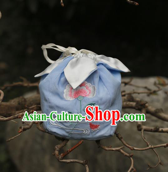 Traditional Ancient Chinese Female Embroidered Flowers Handbags, Elegant Hanfu Ming Dynasty Embroidered Palace Princess Blue Bag for Women