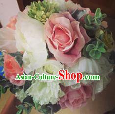Top Grade Classical Wedding Silk Flowers, Bride Holding Emulational Pink Flowers, Hand Tied Bouquet Flowers for Women