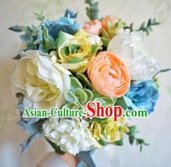 Top Grade Classical Wedding Silk Flowers, Bride Holding Emulational Blue Flowers, Hand Tied Bouquet Flowers for Women