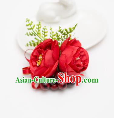 Top Grade Classical Wedding Silk Flowers, Bride Emulational Wrist Flowers Bridesmaid Bracelet Red Flowers for Women
