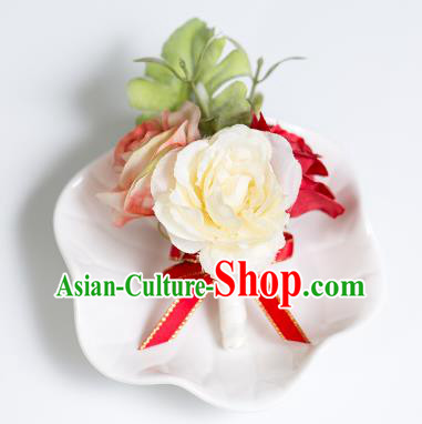 Top Grade Classical Wedding Silk Flowers,Groom Emulational Corsage Groomsman Red Brooch Flowers for Men