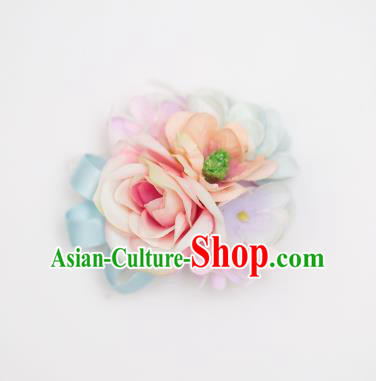 Top Grade Classical Wedding Silk Flowers, Bride Emulational Wrist Flowers Bridesmaid Bracelet Pink Blue Flowers for Women
