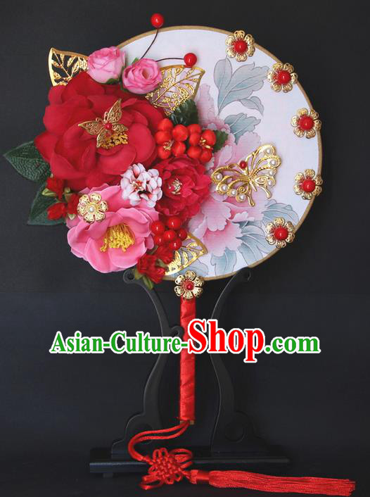 Traditional Handmade Chinese Ancient Classical Wedding Accessories Decoration, Bride Wedding Flowers Round Fan, Hanfu Xiuhe Suit Palace Red Fan for Women
