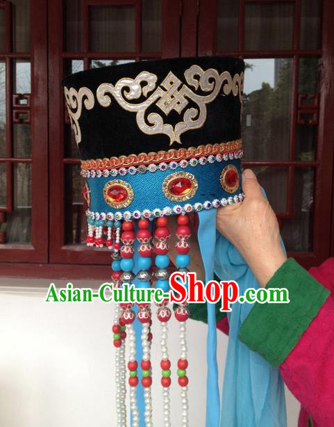 Traditional Chinese Mongol Nationality Dancing Accessories Headdress, Mongolian Folk Dance Ethnic Headwear China Minority Palace Princess Dance Bead Black Hat for Women