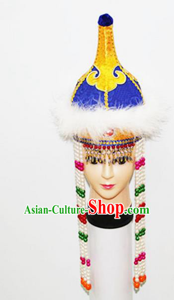 Traditional Chinese Top Grade Mongol Nationality Dancing Accessories Headdress, Mongolian Children Folk Dance Ethnic Headwear China Minority Palace Princess Dance Bead Blue Hat for Kids