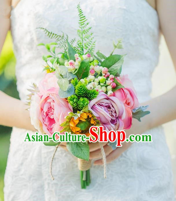Top Grade Classical Wedding Silk Flowers Ball, Bride Holding Emulational Flowers, Hand Tied Bouquet Pink Flowers for Women