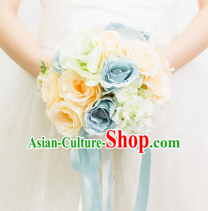 Top Grade Classical Wedding Silk Flowers Blue Flowers Ball, Bride Holding Emulational Flowers, Hand Tied Bouquet Flowers for Women