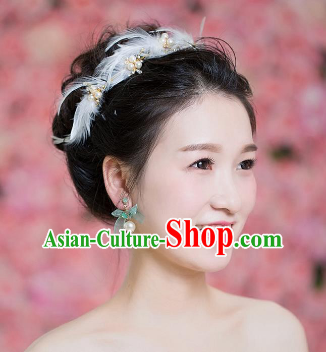 Handmade Chinese Classical Hair Accessories Wedding Hair Sticks Hair Jewellery, Bride Royal Crown Pearl Feather Hair Clasp for Women