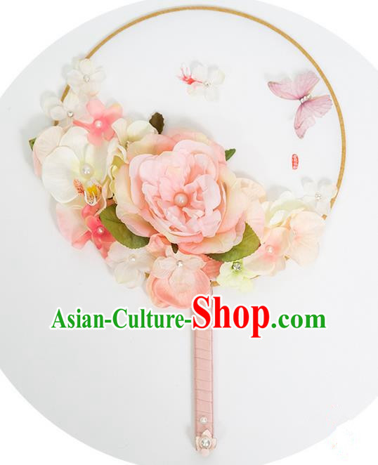 Traditional Handmade Chinese Ancient Classical Wedding Accessories Decoration, Bride Wedding Flowers Round Fan, Hanfu Xiuhe Suit Palace Flowers Fan for Women