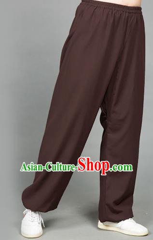 Traditional Chinese Top Flax Kung Fu Costume Martial Arts Kung Fu Training Brown Pants, Tang Suit Gongfu Shaolin Wushu Clothing Tai Chi Taiji Teacher Trousers for Men