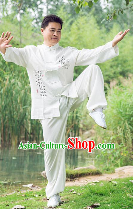 Traditional Chinese Top Linen Kung Fu Costume Martial Arts Kung Fu Training Long Sleeve Plated Buttons White Uniform, Tang Suit Gongfu Shaolin Wushu Clothing, Tai Chi Taiji Teacher Suits Uniforms for Men