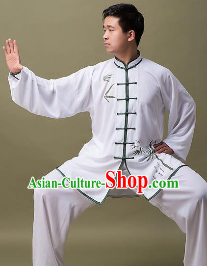 Traditional Chinese Top Linen Kung Fu Costume Martial Arts Kung Fu Training Plated Buttons White Printing Bamboo Uniform, Tang Suit Gongfu Shaolin Wushu Clothing, Tai Chi Taiji Teacher Suits Uniforms for Men