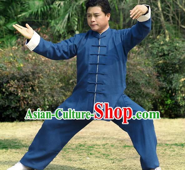 Traditional Chinese Top Linen Kung Fu Costume Martial Arts Kung Fu Training Roll Sleeve Blue Uniform, Tang Suit Gongfu Shaolin Wushu Clothing, Tai Chi Taiji Teacher Suits Uniforms for Men